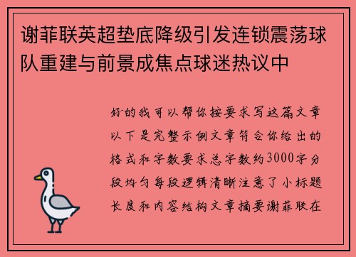 谢菲联英超垫底降级引发连锁震荡球队重建与前景成焦点球迷热议中