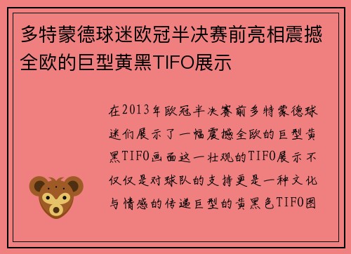 多特蒙德球迷欧冠半决赛前亮相震撼全欧的巨型黄黑TIFO展示