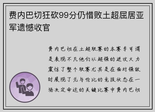 费内巴切狂砍99分仍惜败土超屈居亚军遗憾收官